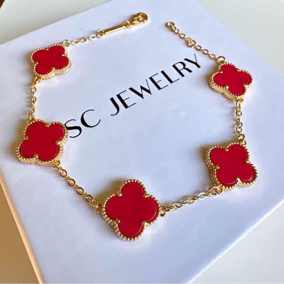 Clover Bracelet Double Sided Pomegranate Blossom Onyx Stone & Gold Jewelry - Picture 6 of 10